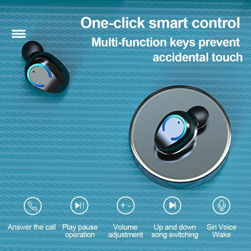 Binaural mini cylindrical Bluetooth headphones in black with charging compartment
