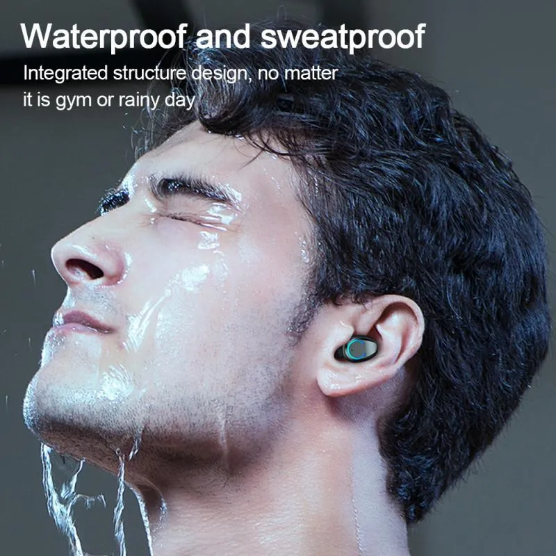 Binaural mini cylindrical Bluetooth headphones in black with charging compartment