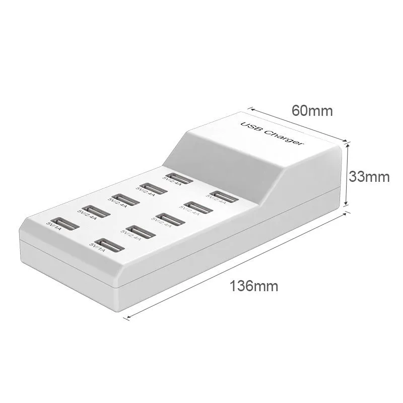 5V 2A USB multi-port charger with 5 ports, 10A output, overload protection, fireproof ABS housing, black colour