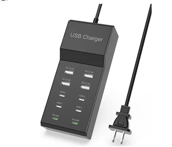 5V 2A USB multi-port charger with 5 ports, 10A output, overload protection, fireproof ABS housing, black colour