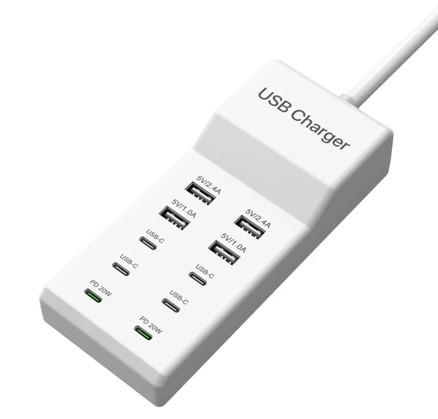 5V 2A USB multi-port charger with 5 ports, 10A output, overload protection, fireproof ABS housing, black colour