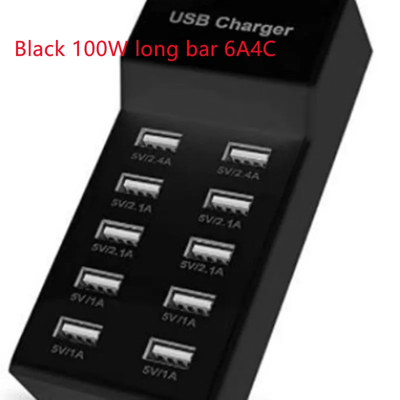 5V 2A USB multi-port charger with 5 ports, 10A output, overload protection, fireproof ABS housing, black colour