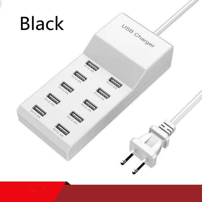 5V 2A USB multi-port charger with 5 ports, 10A output, overload protection, fireproof ABS housing, black colour