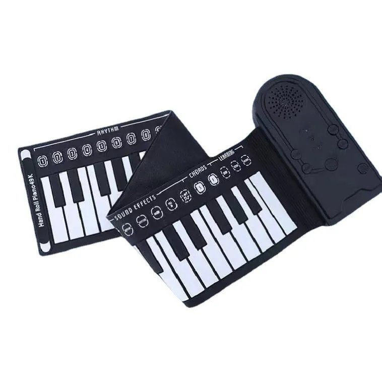 Pearlescent white roll-up silicone electronic keyboard next to its compact 28cm carrying case