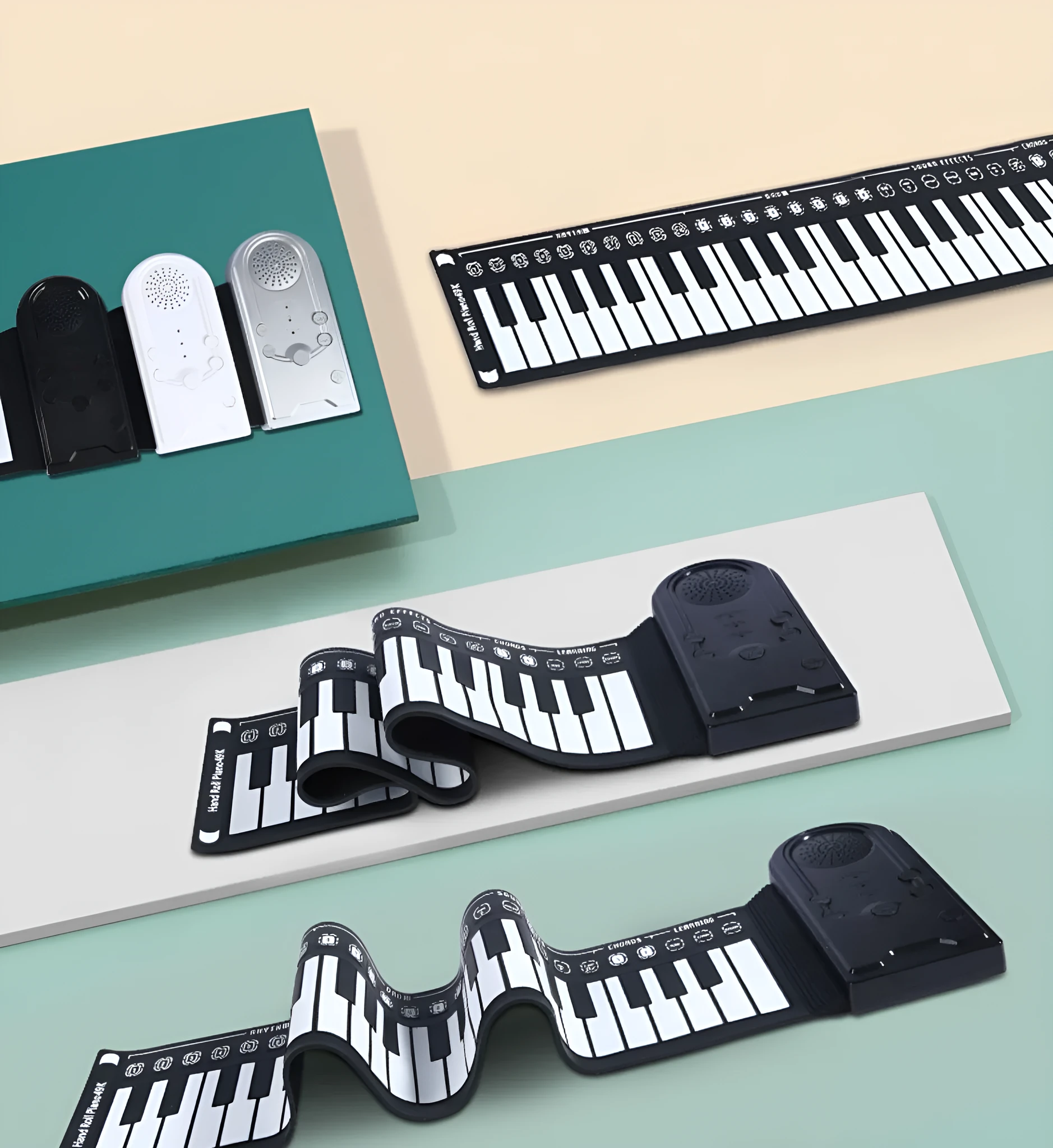 Pearlescent white roll-up silicone electronic keyboard next to its compact 28cm carrying case