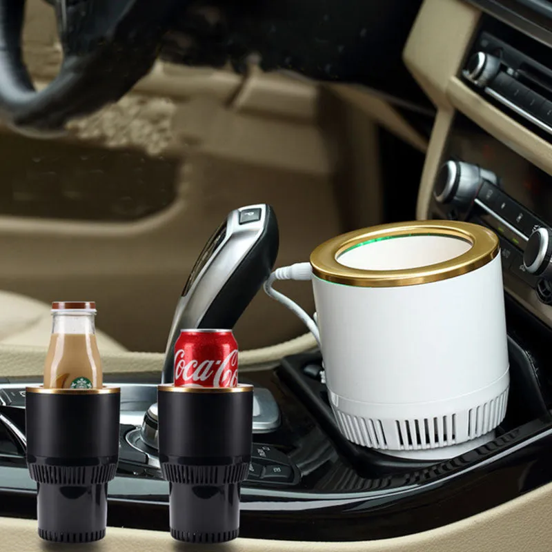 White car cup heater and cooler plugged into vehicle 12V outlet with aluminium interior and control buttons