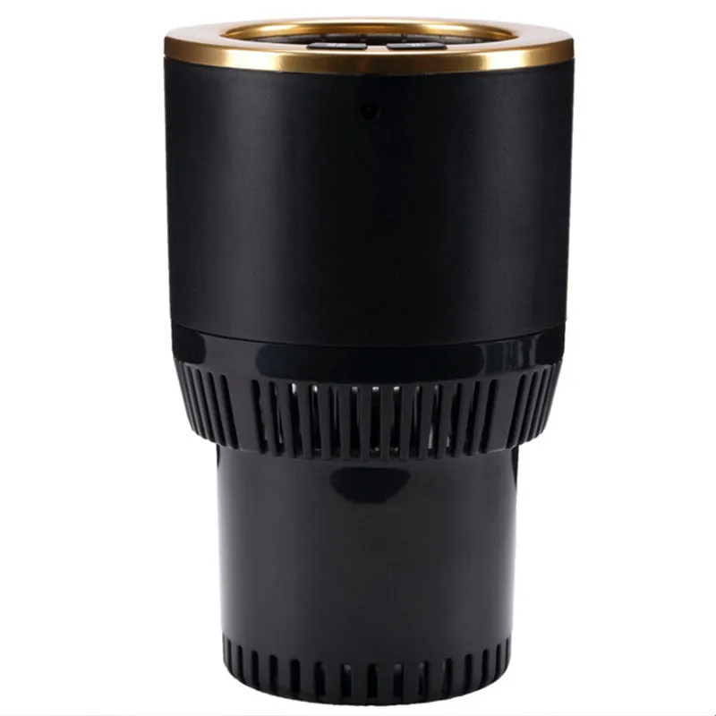 White car cup heater and cooler plugged into vehicle 12V outlet with aluminium interior and control buttons