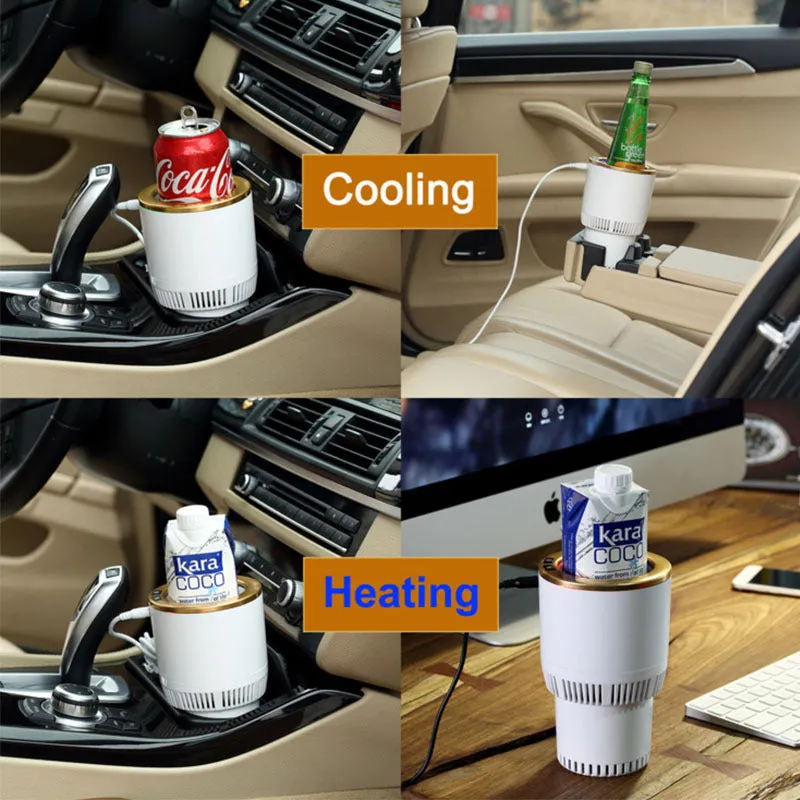 White car cup heater and cooler plugged into vehicle 12V outlet with aluminium interior and control buttons