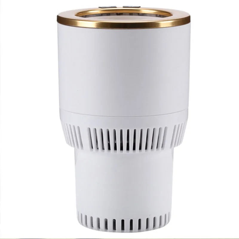 White car cup heater and cooler plugged into vehicle 12V outlet with aluminium interior and control buttons