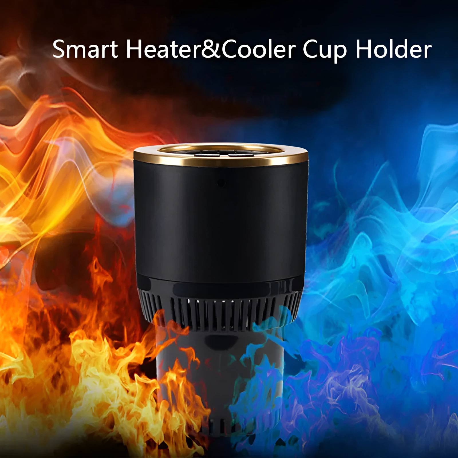 White car cup heater and cooler plugged into vehicle 12V outlet with aluminium interior and control buttons
