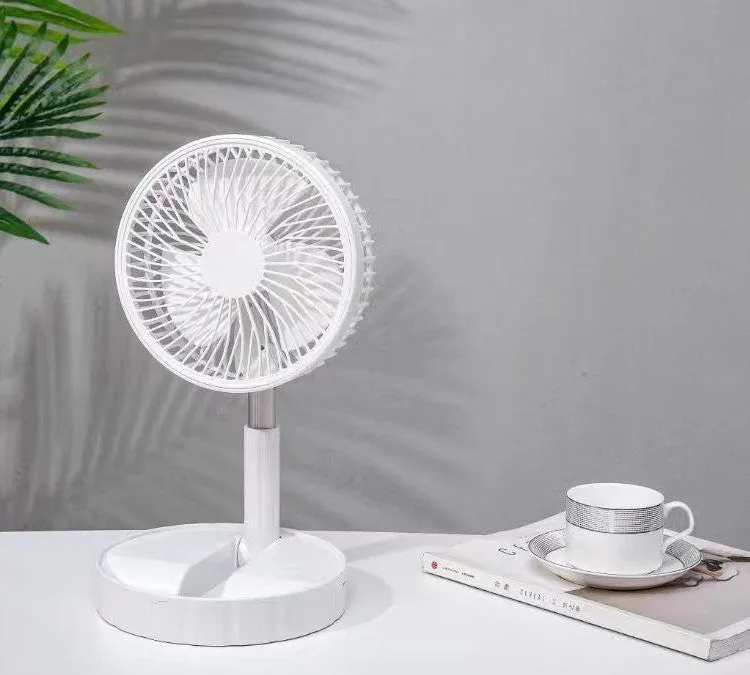 Black portable telescopic folding fan extended to full height showing oscillation function and power bank port