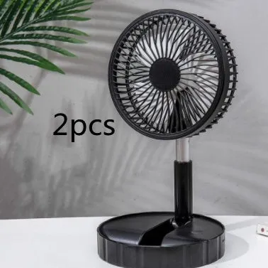 Black portable telescopic folding fan extended to full height showing oscillation function and power bank port