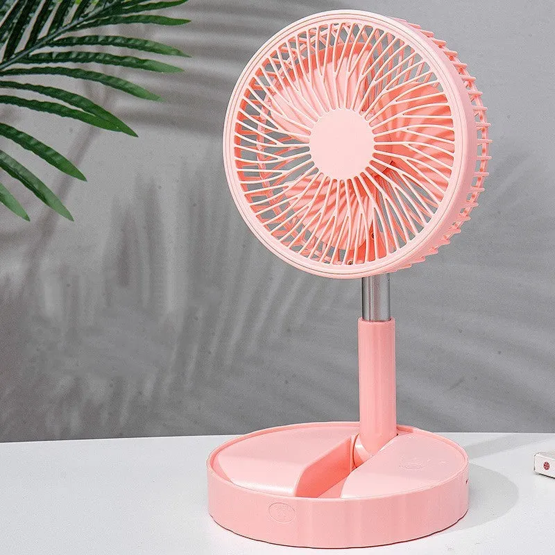 Black portable telescopic folding fan extended to full height showing oscillation function and power bank port