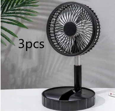 Black portable telescopic folding fan extended to full height showing oscillation function and power bank port