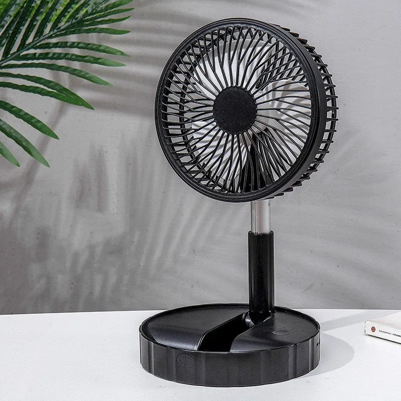 Black portable telescopic folding fan extended to full height showing oscillation function and power bank port