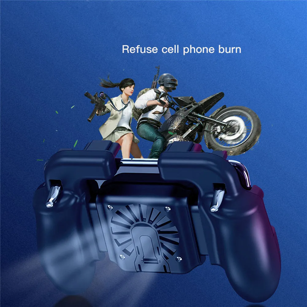 SR Cooling Handle gaming controller with rear trigger and adjustable bracket holding a phone