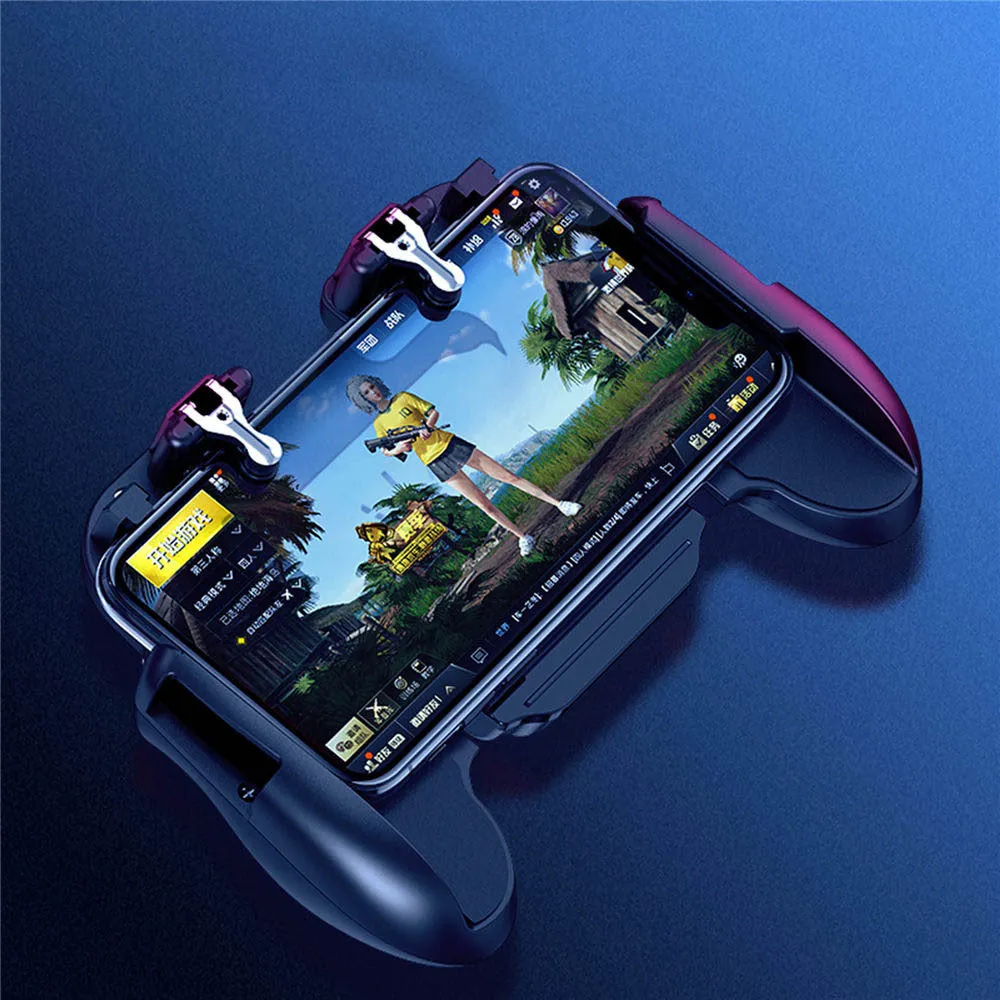SR Cooling Handle gaming controller with rear trigger and adjustable bracket holding a phone