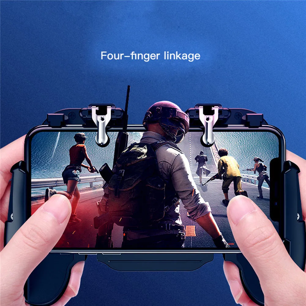 SR Cooling Handle gaming controller with rear trigger and adjustable bracket holding a phone