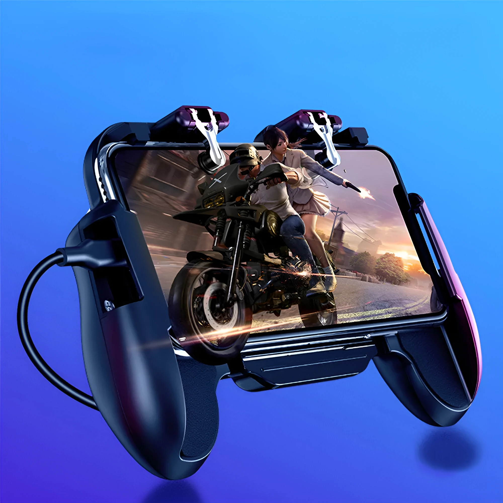 SR Cooling Handle gaming controller with rear trigger and adjustable bracket holding a phone