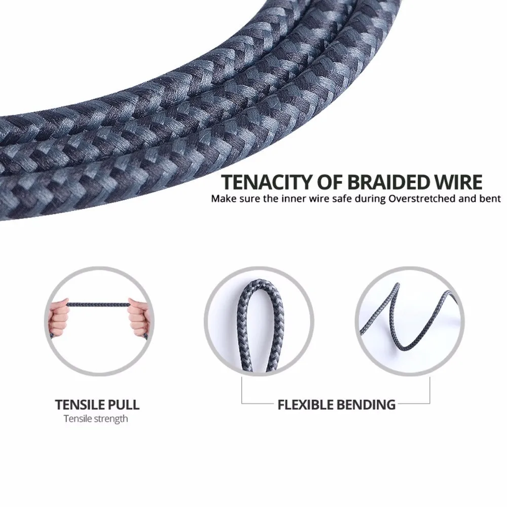 Fonken high-speed fast charging cable with woven exterior in black, 1m length, on white background