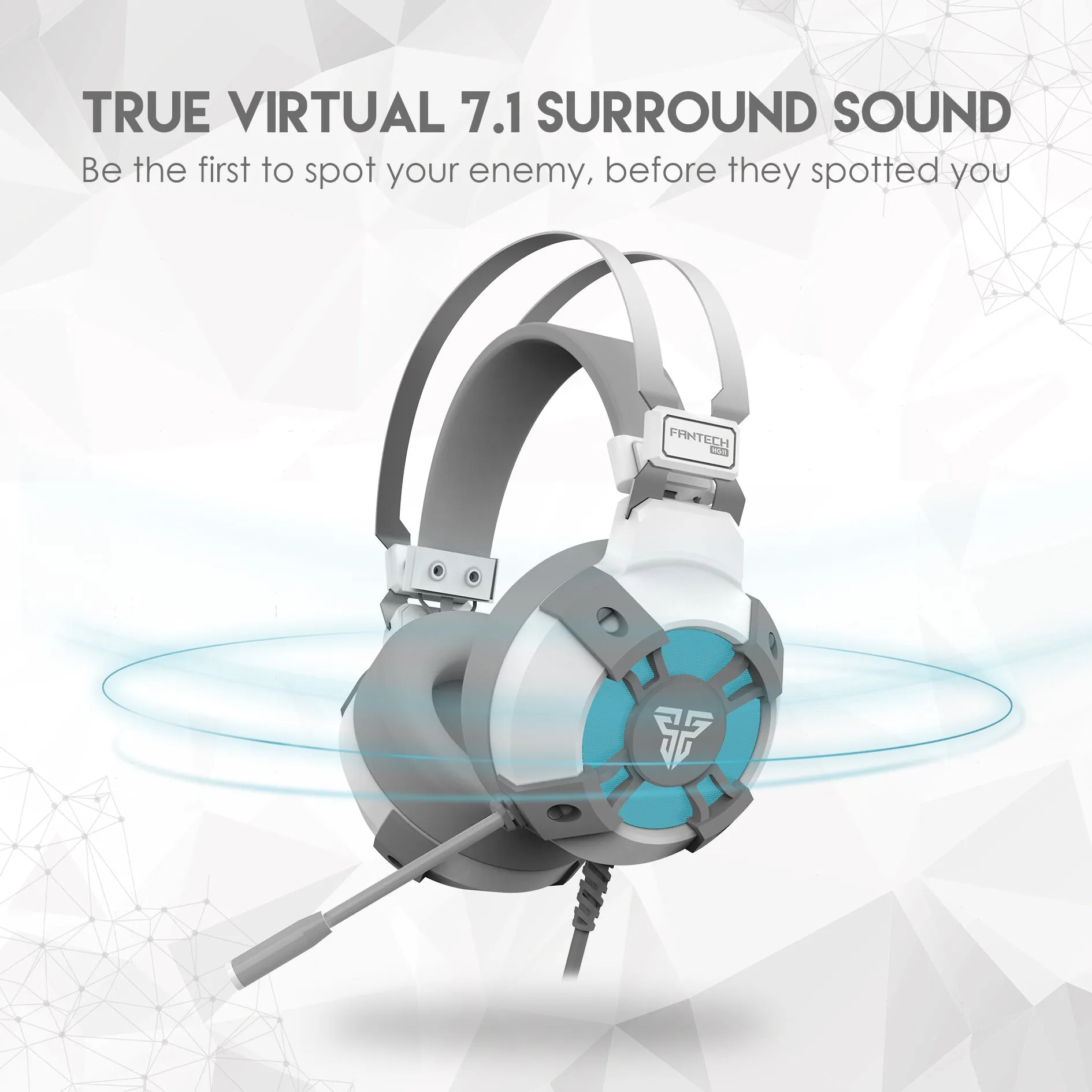 Black FANTECH HG11 USB gaming headset with over-ear cups and RGB lighting on a stand.