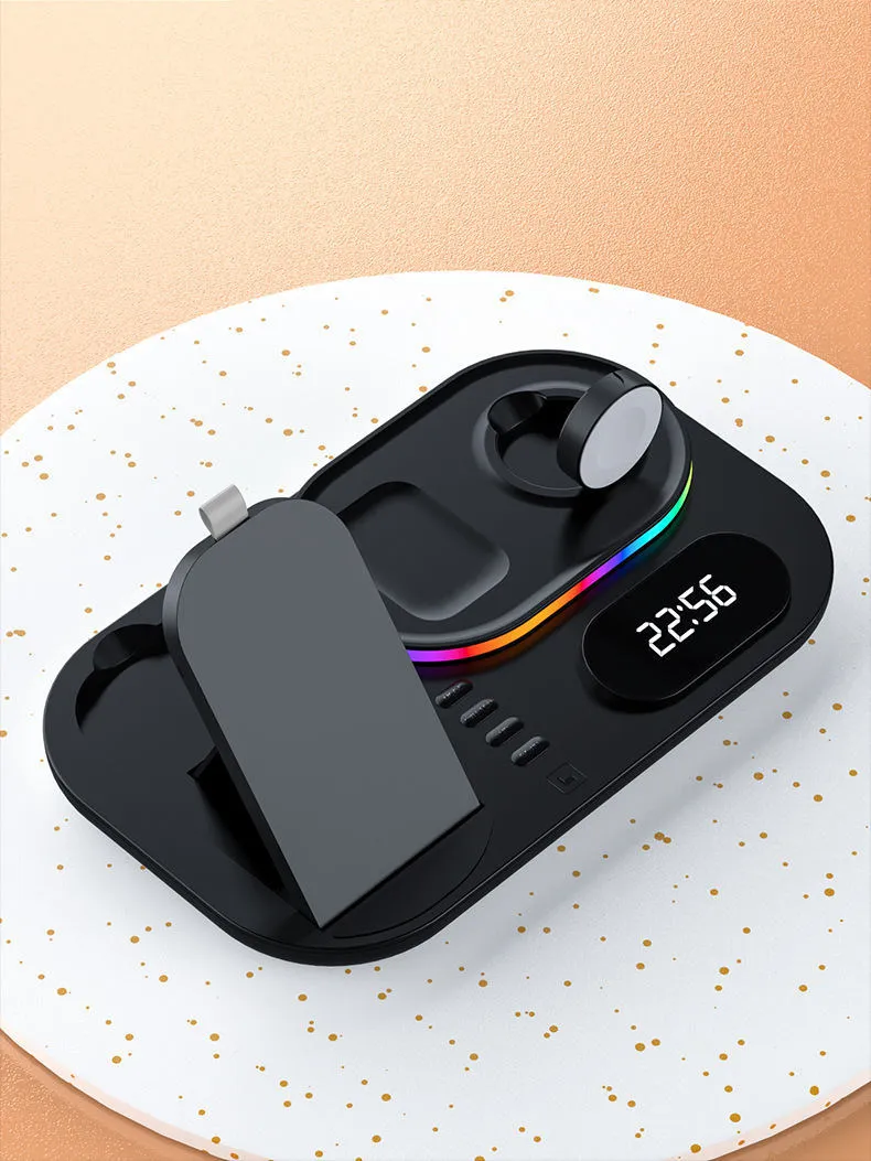 Magnetic four-in-one wireless charging power bank with watch support in black finish