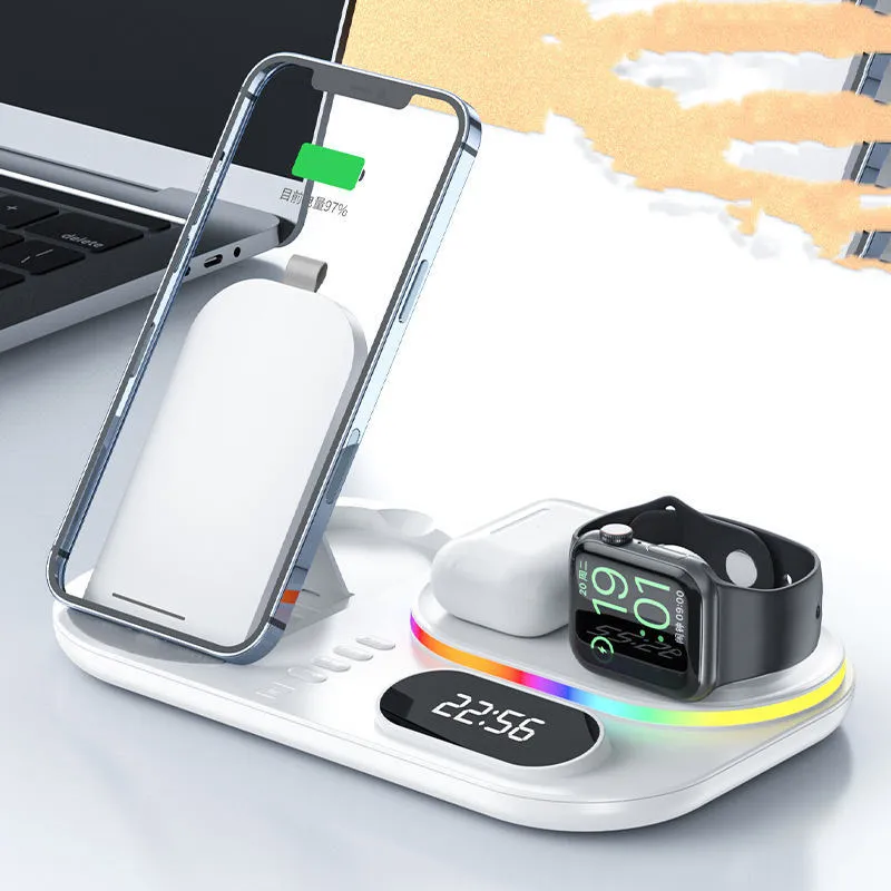 Magnetic four-in-one wireless charging power bank with watch support in black finish