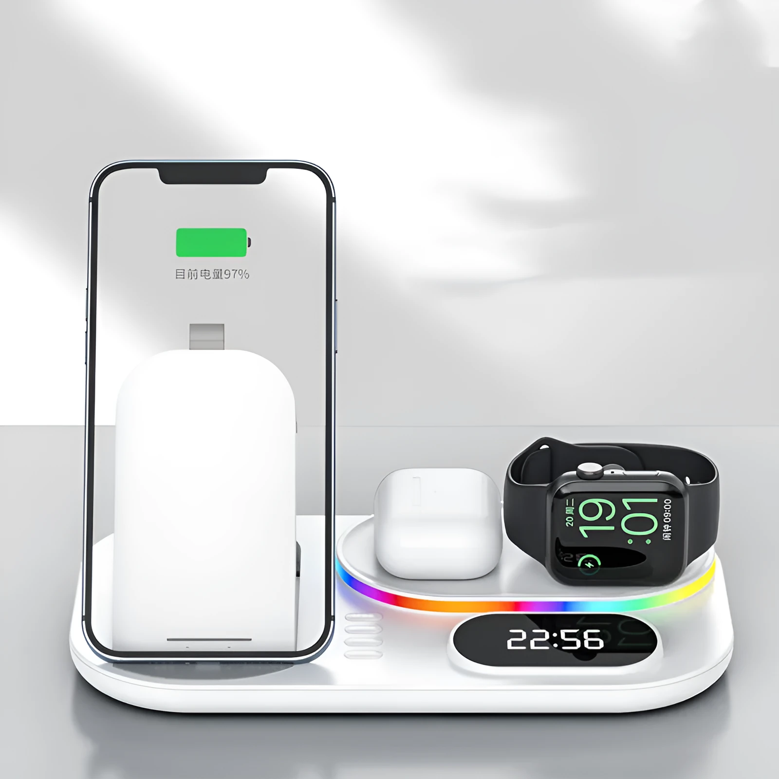 Magnetic four-in-one wireless charging power bank with watch support in black finish