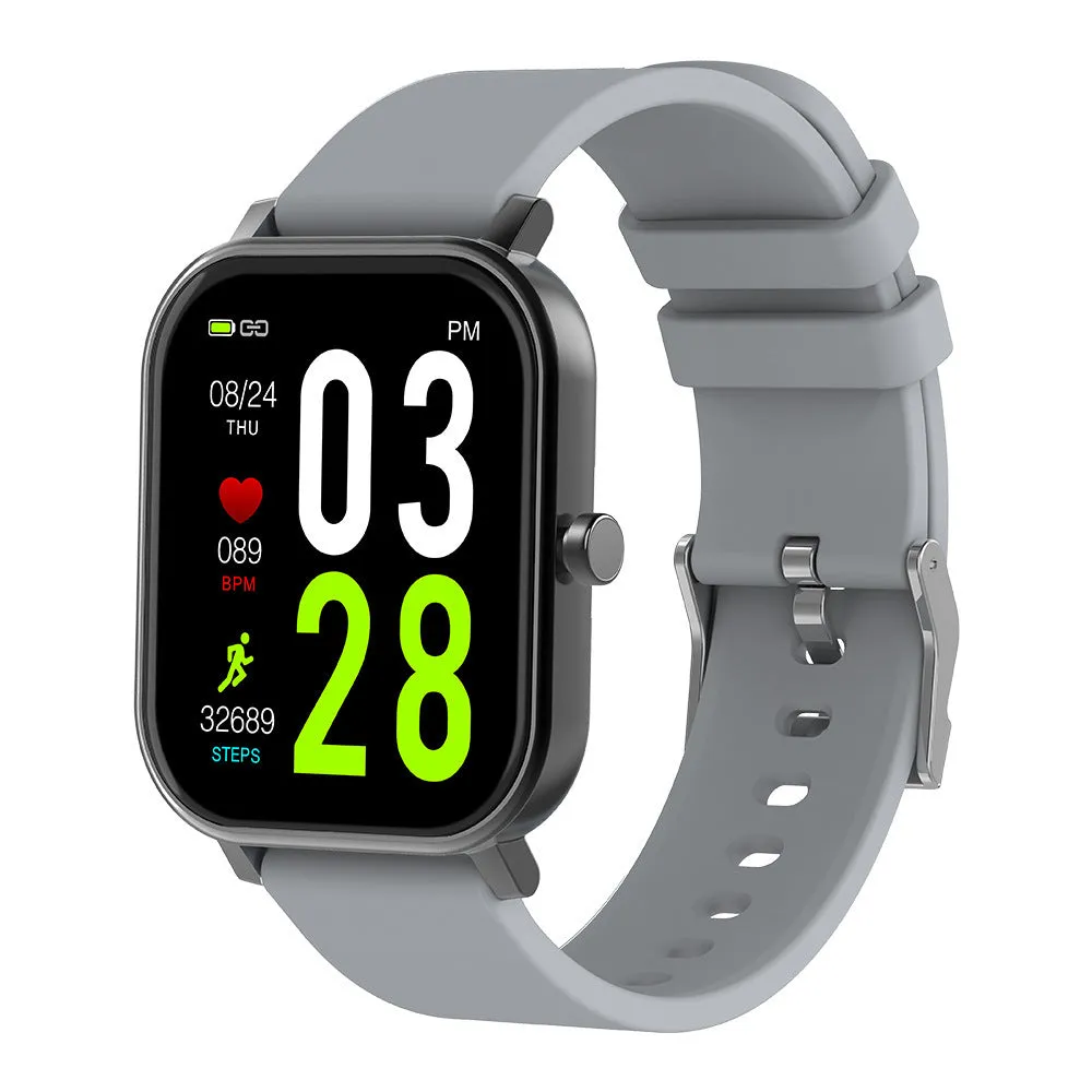 Health smart watch with 1.69-inch screen, wireless Bluetooth, zinc alloy body, and liquid silicone wristband in black.