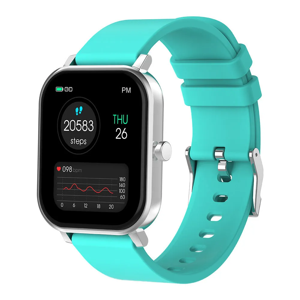Health smart watch with 1.69-inch screen, wireless Bluetooth, zinc alloy body, and liquid silicone wristband in black.