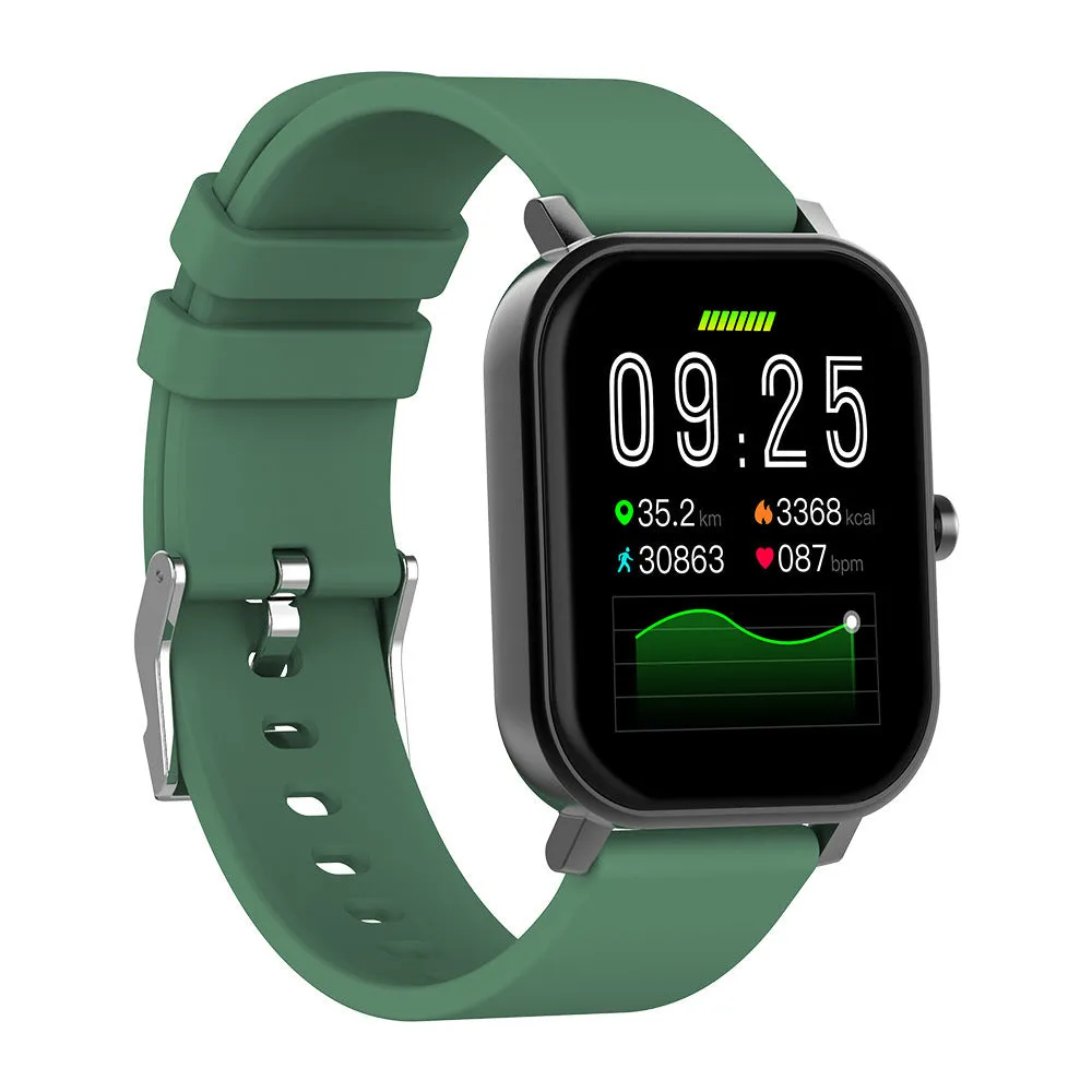 Health smart watch with 1.69-inch screen, wireless Bluetooth, zinc alloy body, and liquid silicone wristband in black.