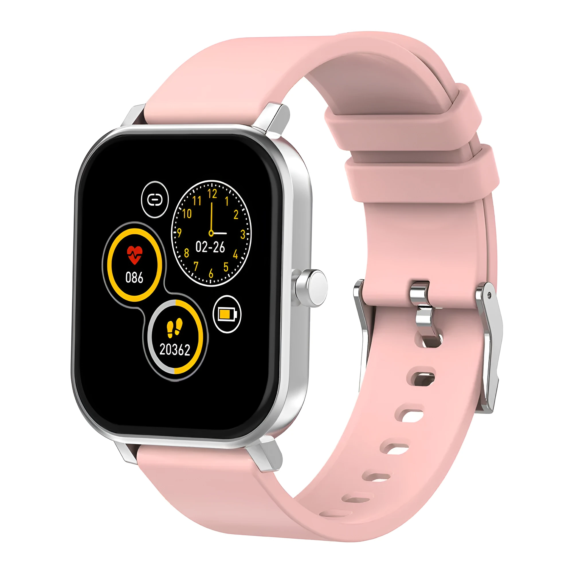 Health smart watch with 1.69-inch screen, wireless Bluetooth, zinc alloy body, and liquid silicone wristband in black.