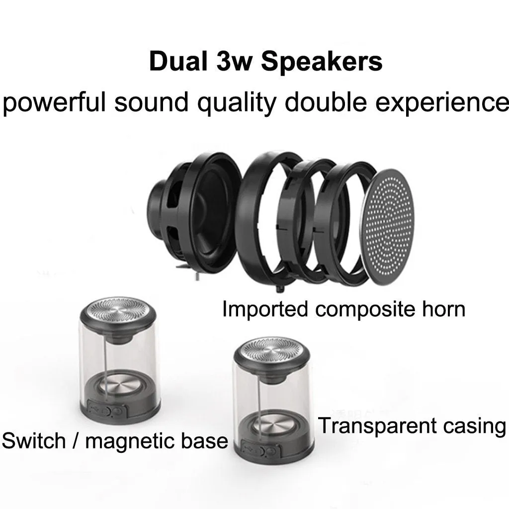 Transparent Bluetooth speaker with dual-radiation bass, magnetic suction cup, 65x80mm, black finish