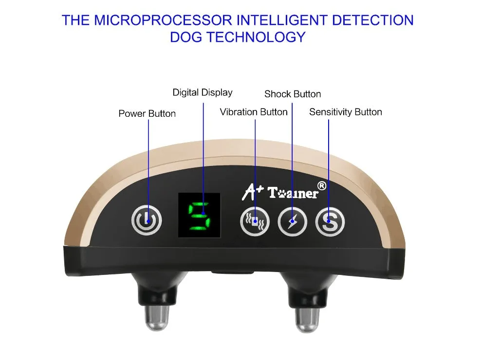 Black dog bark training collar with digital display, adjustable strap, and micro-USB charger.