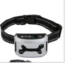 Black dog bark training collar with digital display, adjustable strap, and micro-USB charger.