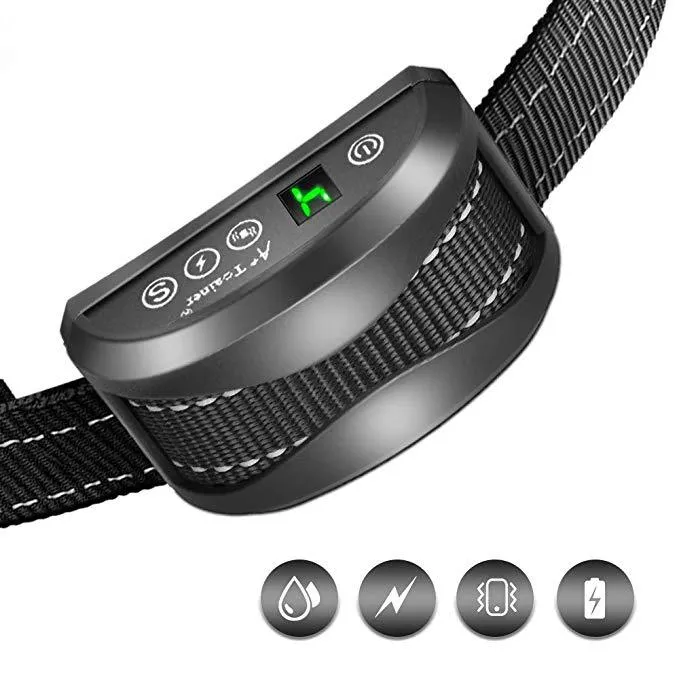Black dog bark training collar with digital display, adjustable strap, and micro-USB charger.
