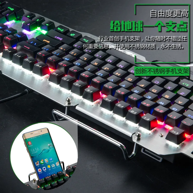 Silver gray wired mechanical gaming keyboard with metal wire frame and mixed light effects on a desktop
