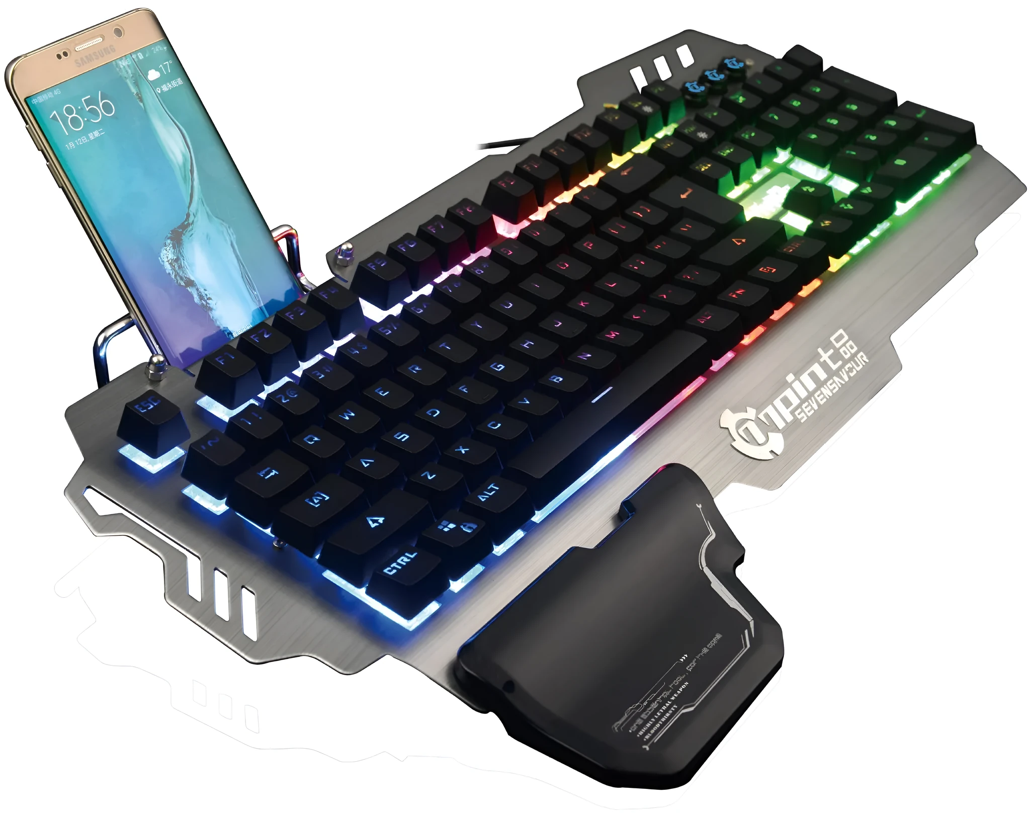 Silver gray wired mechanical gaming keyboard with metal wire frame and mixed light effects on a desktop