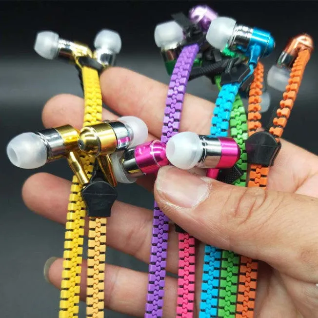 Blue wired earphones with glowing zipper cord, alloy metallic housing, and gold-plated 3.5mm plug
