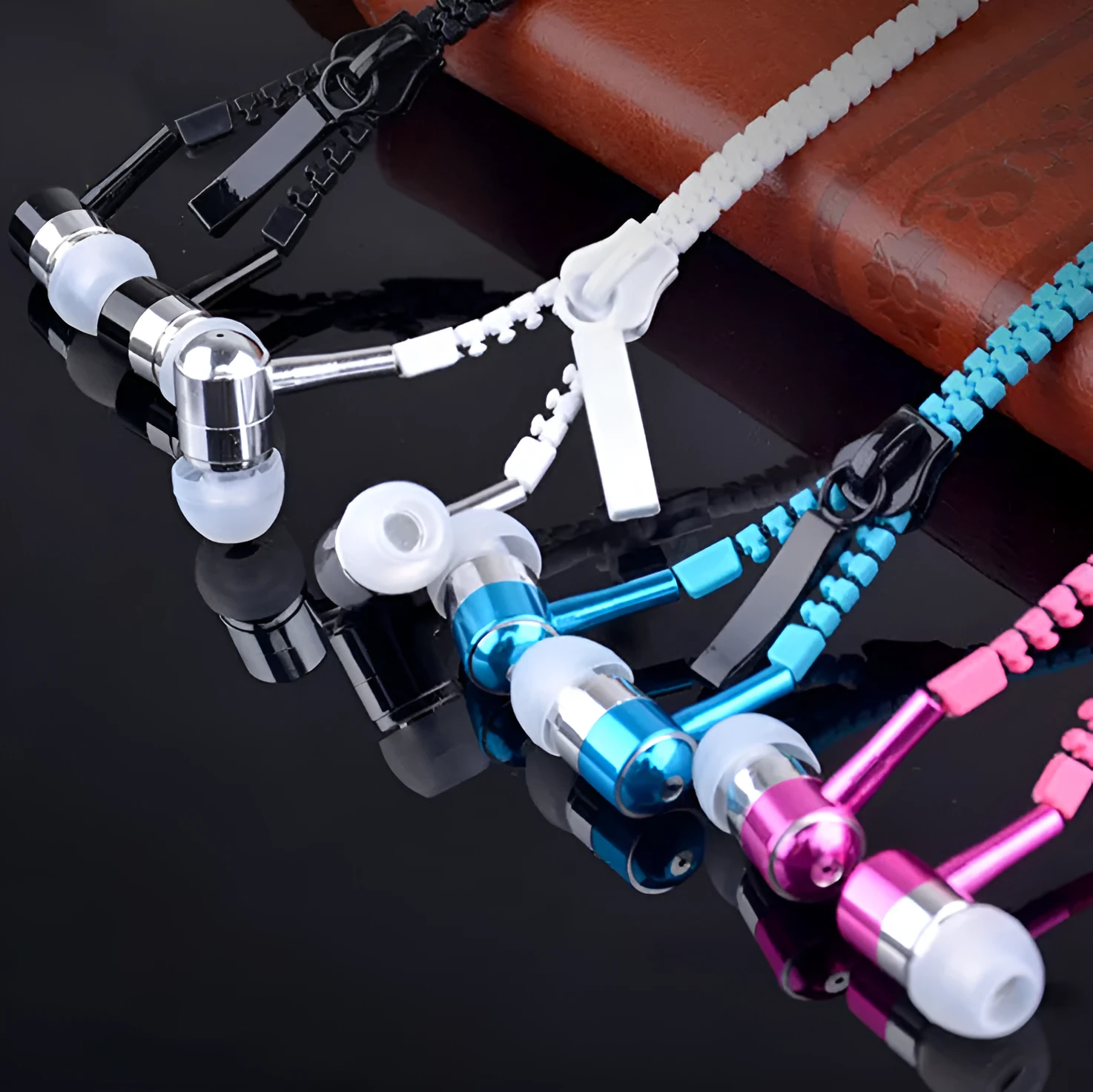 Blue wired earphones with glowing zipper cord, alloy metallic housing, and gold-plated 3.5mm plug