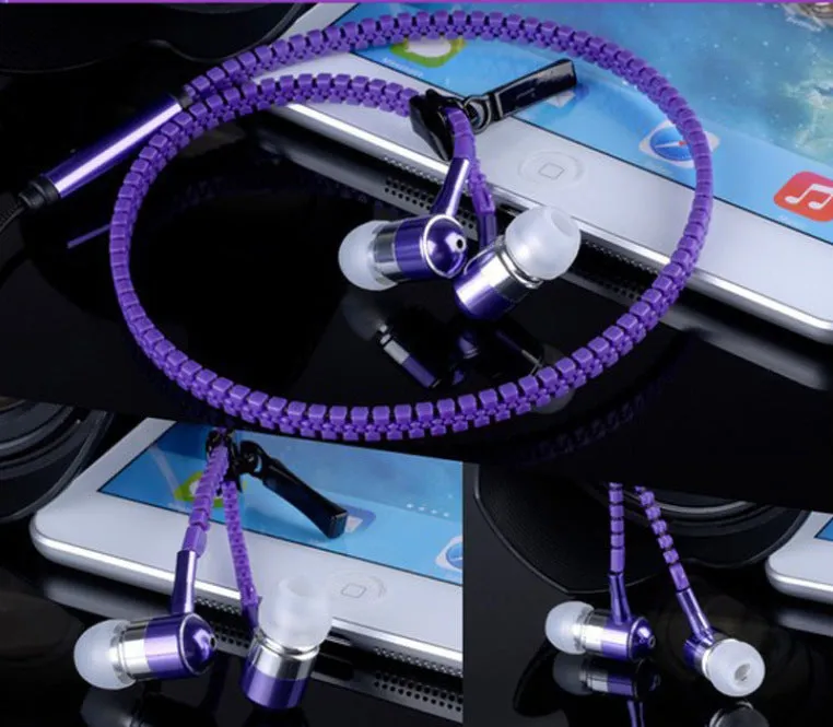 Blue wired earphones with glowing zipper cord, alloy metallic housing, and gold-plated 3.5mm plug