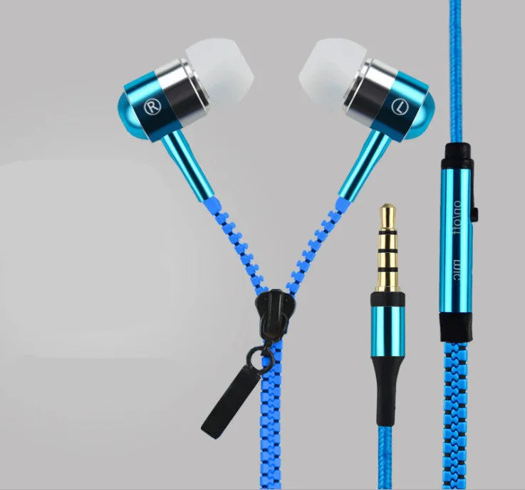 Blue wired earphones with glowing zipper cord, alloy metallic housing, and gold-plated 3.5mm plug