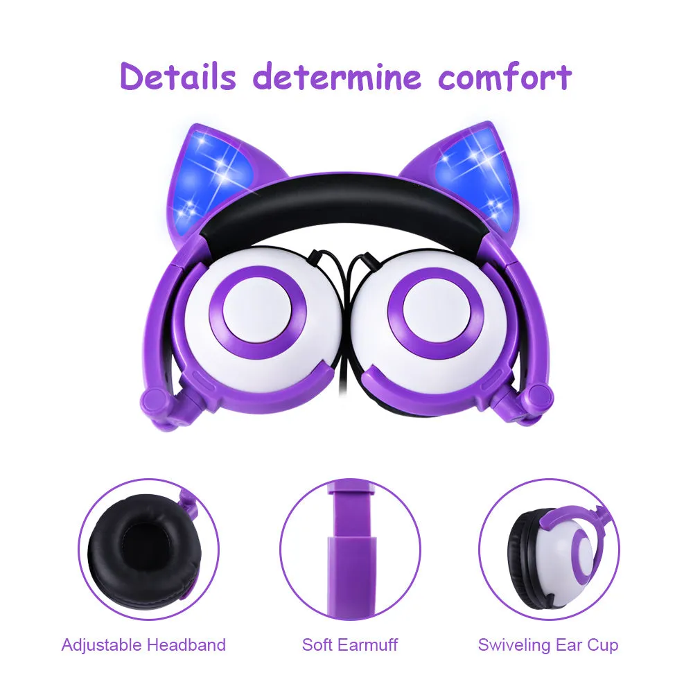 LED flashing cat ear headphones in Peach pink with ABS shell and wired 3.5mm connector
