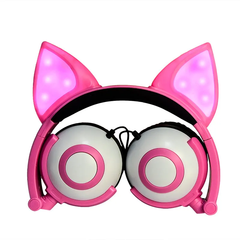 LED flashing cat ear headphones in Peach pink with ABS shell and wired 3.5mm connector