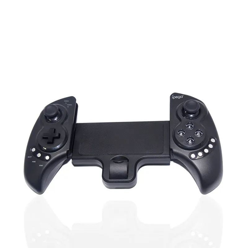 Black wireless Bluetooth controller with telescopic stand extended holding a smartphone in landscape orientation
