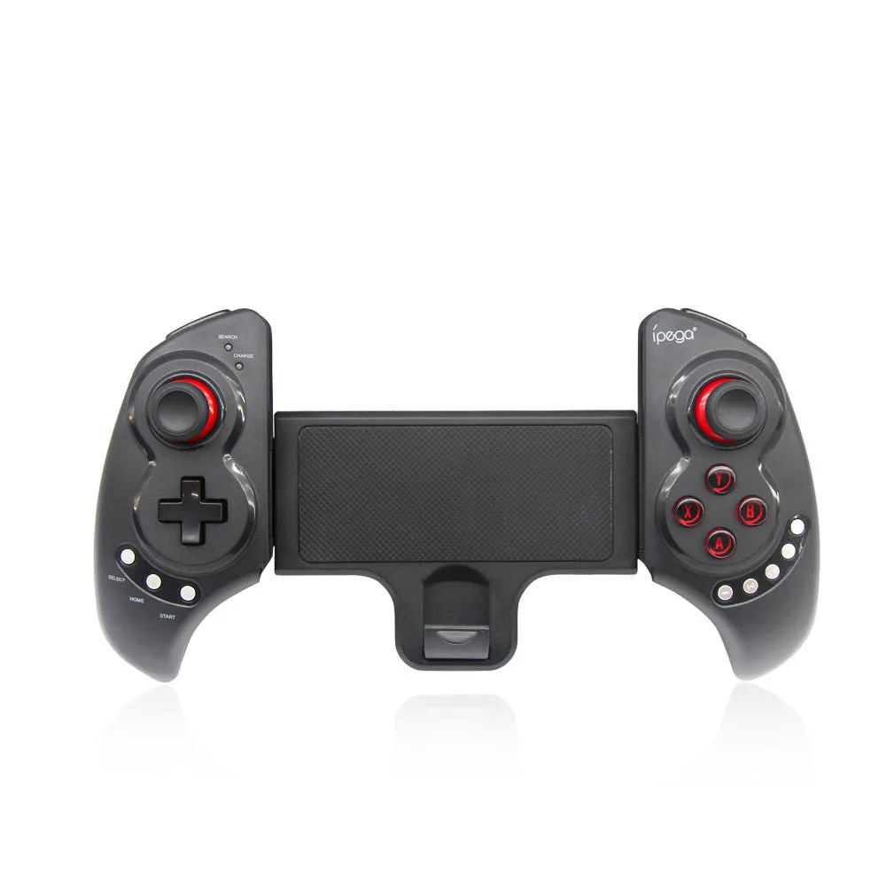 Black wireless Bluetooth controller with telescopic stand extended holding a smartphone in landscape orientation