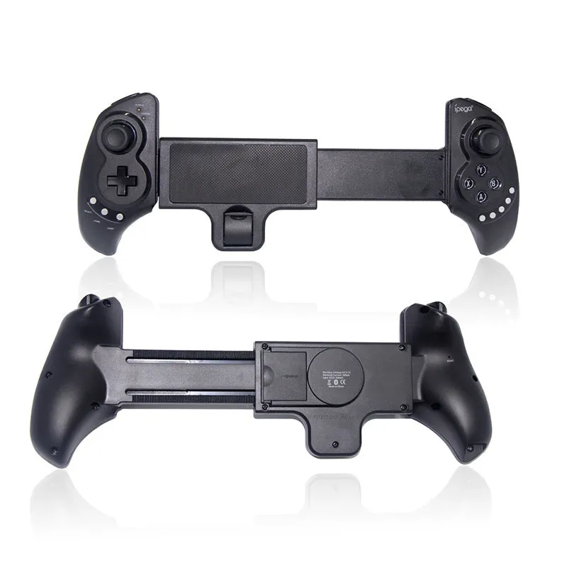 Black wireless Bluetooth controller with telescopic stand extended holding a smartphone in landscape orientation