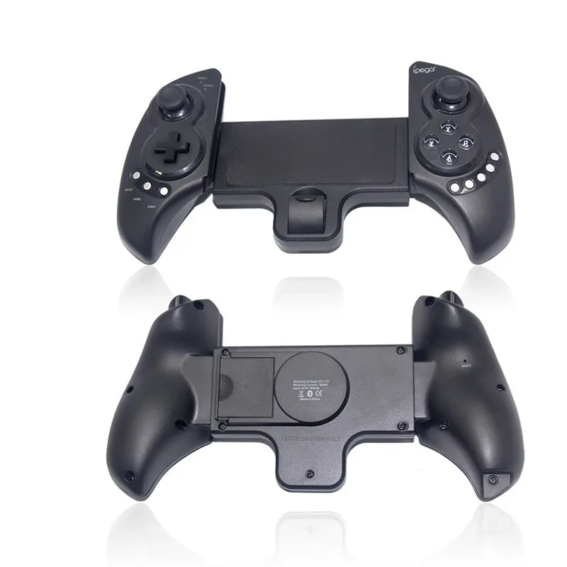 Black wireless Bluetooth controller with telescopic stand extended holding a smartphone in landscape orientation