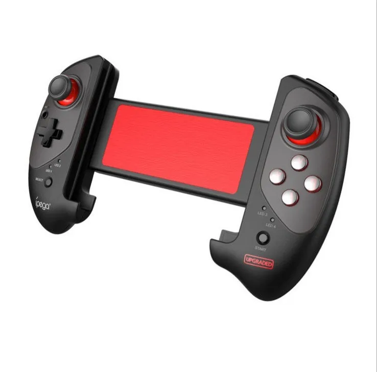 Black wireless Bluetooth controller with telescopic stand extended holding a smartphone in landscape orientation