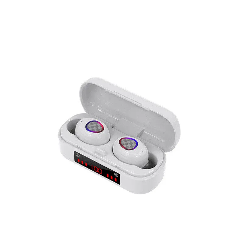 M7 binaural Bluetooth earbuds in black with digital display charging case